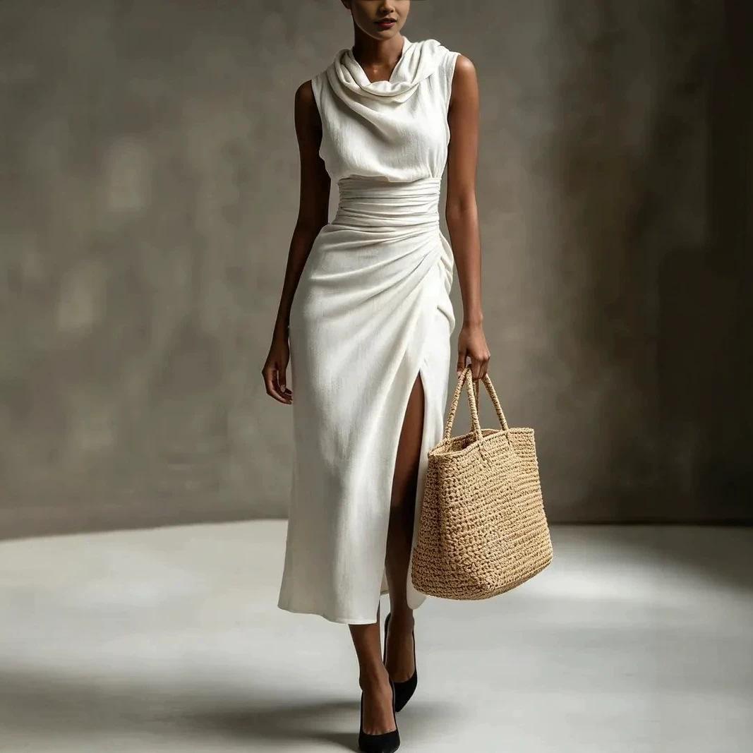 Women Sleeveless Cowl Neck Ruched Side Slit Midi Dress Elegant Casual Party Evening Dress S белый