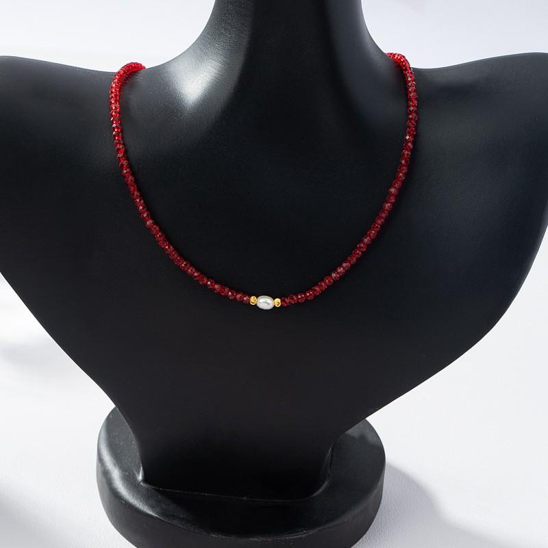 Elegant Red Crystal Freshwater Pearl Choker Necklace Women Minimalist Office Chic Layering Jewelry 5-6mm 41-50cm
