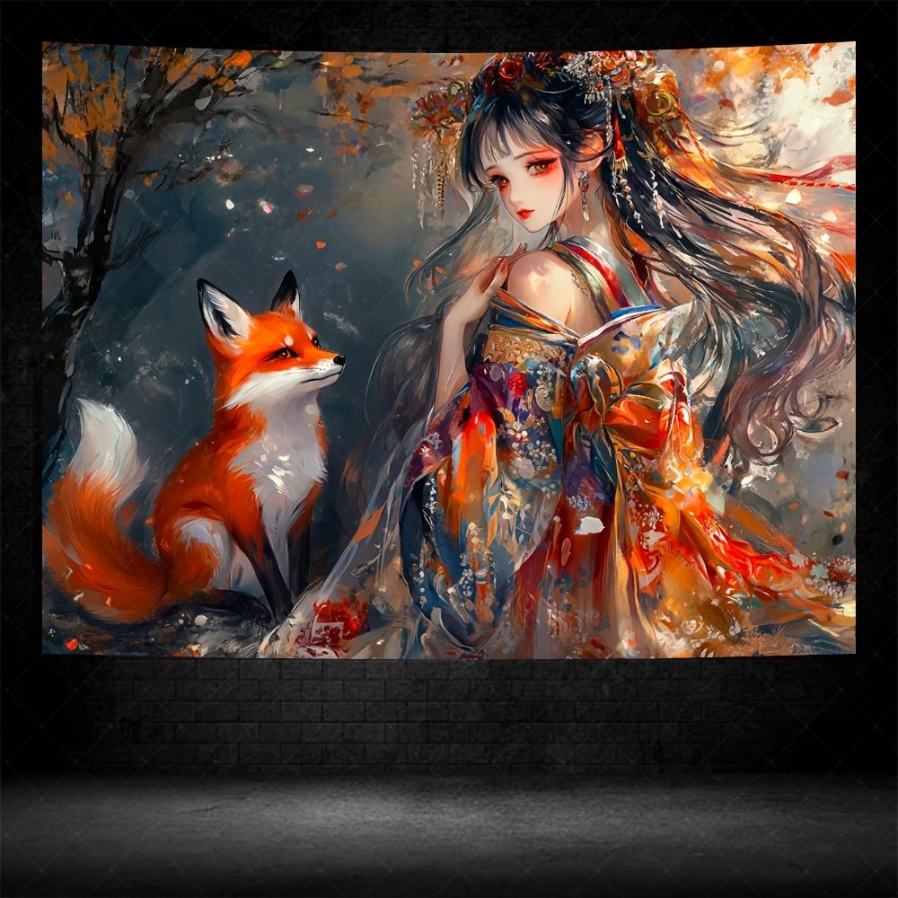

Enchanting Fox and Woman Tapestry Wall Decor for Bedroom Cozy Atmosphere Mystical Home Style and Artistic Touch Enhancement 74x94cm(29x37in)