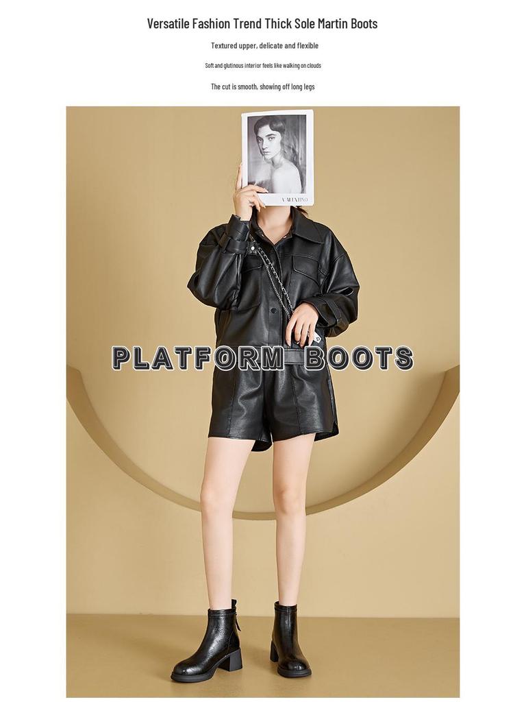 Fall/Winter Women's Thick-Soled Genuine Leather Skinny Boots, Korean-Style Back Zipper Martin Boots, Slip-On Casual Shoes