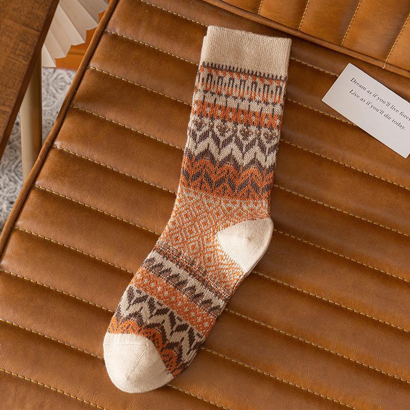 Japanese Retro Ethnic Style Colorful Cotton Mid-Tube Stacked Socks for Women