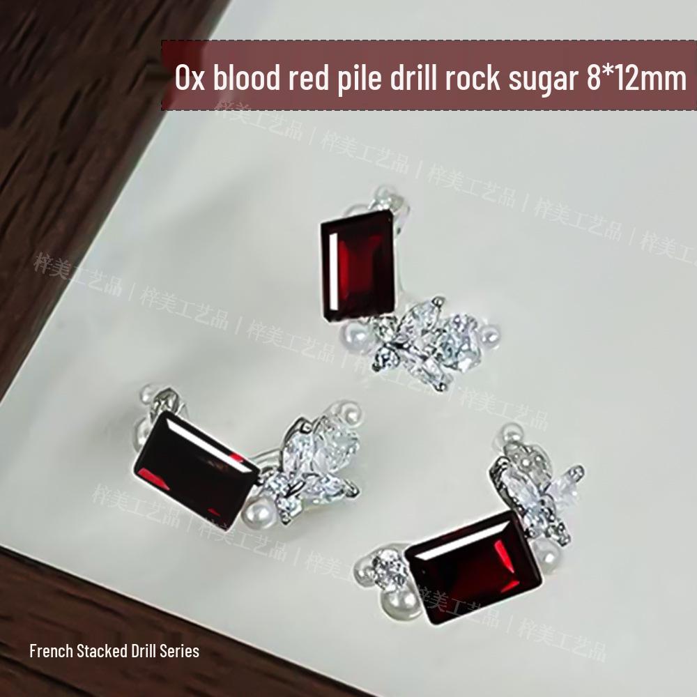 Nail Art Blood Red French Rhinestone Sparkle Camellia Decoration