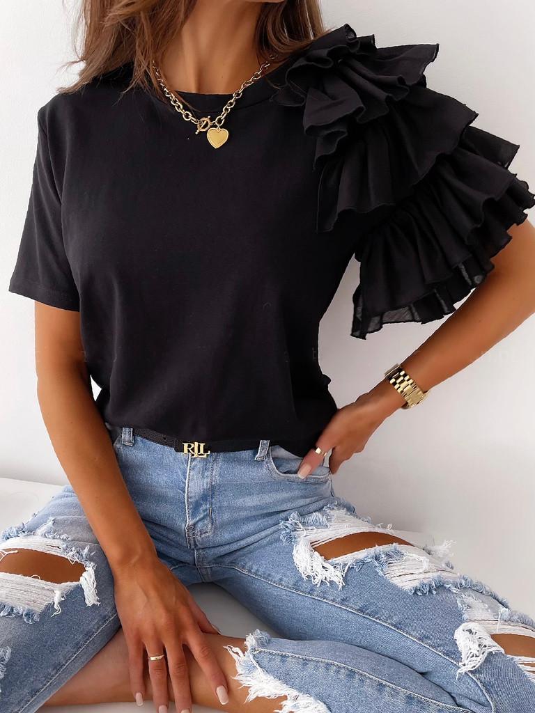 2026 Summer Fashion Women's Ruffle Short Sleeve Round Neck T-shirt, European and American Style