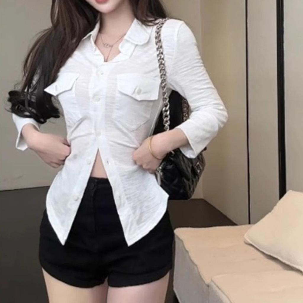 Sexy Hemd im koreanischen Stil mit Revers und langen Ärmeln - 2026 Frühling/Herbst Kurzarm-Top für Damen