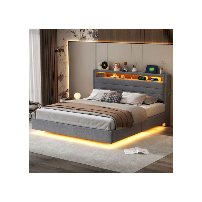 Lit Rembourré - MUVOE - 160x200 Cm - Prise USB - Lumières LED - Rangement Hydraulique