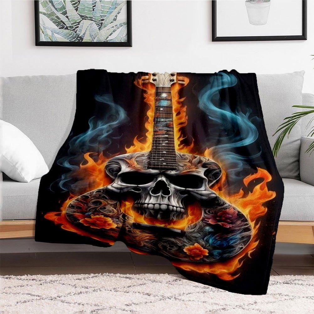 Flaming Skull Guitar Art Print - Musician GiftBlanket Flannel Throw Blanket for Sofa, Bed, Travel, Camping, Office