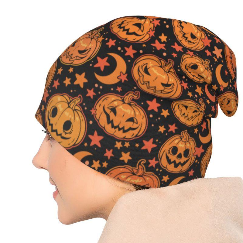 Halloween Kürbis Mond Sterne Mütze Warme Haube Kappe für Erwachsene Strickmütze Kopfbedeckung Slouchy Schal Skullies Mützen für Damen Herren