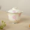 Apricot Yellow Butterfly & Floral Gaiwan Tea Cup with Silver Edge - High-grade Ceramic for Women's Tea Brewing