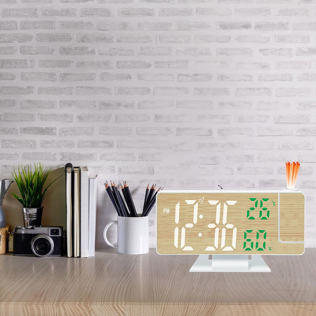 Large Display Wood Pattern LED Alarm Clock with Rotating Projectors And Temperature Humidity Display Snooze Function