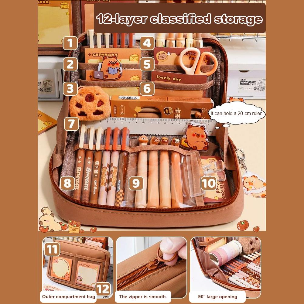 Kawaii Kapybara Papírnictví Set Velká Kapacita Kreslené Zvíře Papírnictví Oblek Odolný proti Opotřebení Kapybara Papírnictví Taška Pro Školu Teen