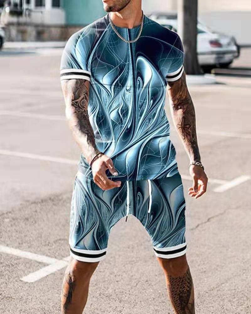 European and American 3D digital printing men's summer short-sleeved beach pants set trendy T-shirt set, manufacturer