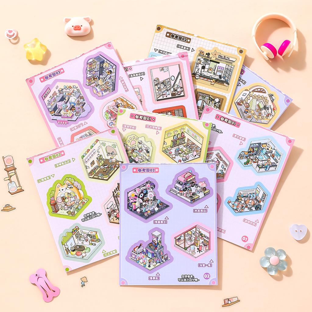 8in1 Kawaii Cartoon 3D Miniature Scene Sticker Visual Stacking DIY Handmade Pocket House Scrapbook Sticker ChildrenFestival Gift