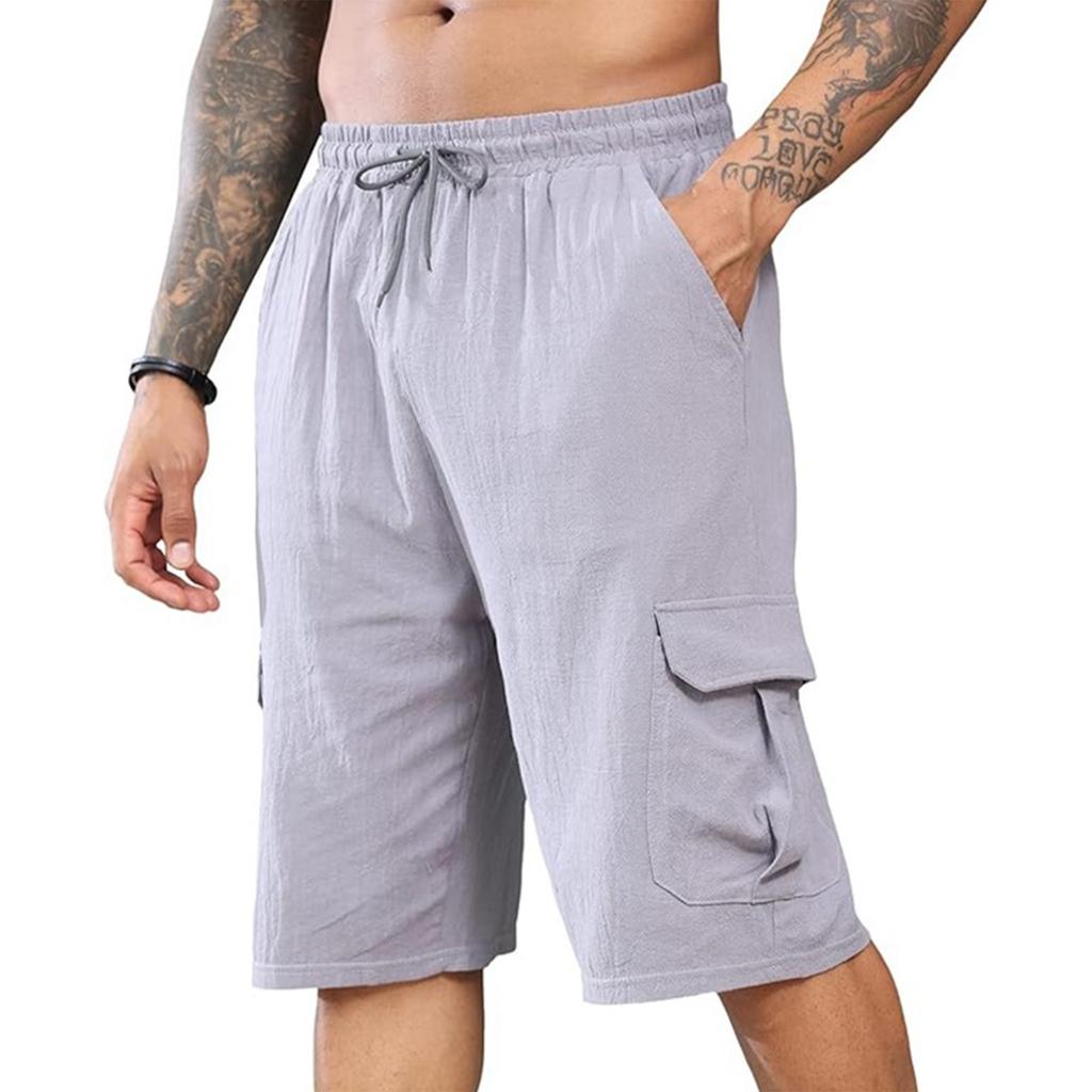 Men's Linen Short Pants With Multiple Pockets And Drawstring Waistband - Beach Work Pants