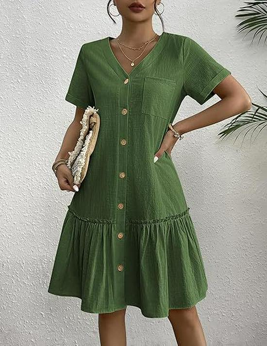 Women's Summer 2025 Casual Ruffle Hem Pocket Dress with Short Sleeves