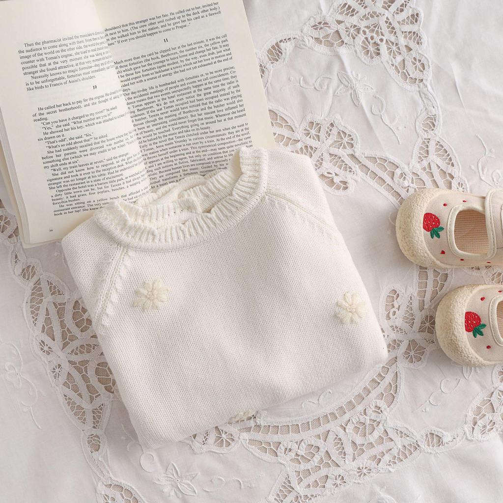Spring Style Cotton Romper: Infant & Toddler Sweater with Hand-Crocheted Flowers, Long Sleeve, 0-2 Years