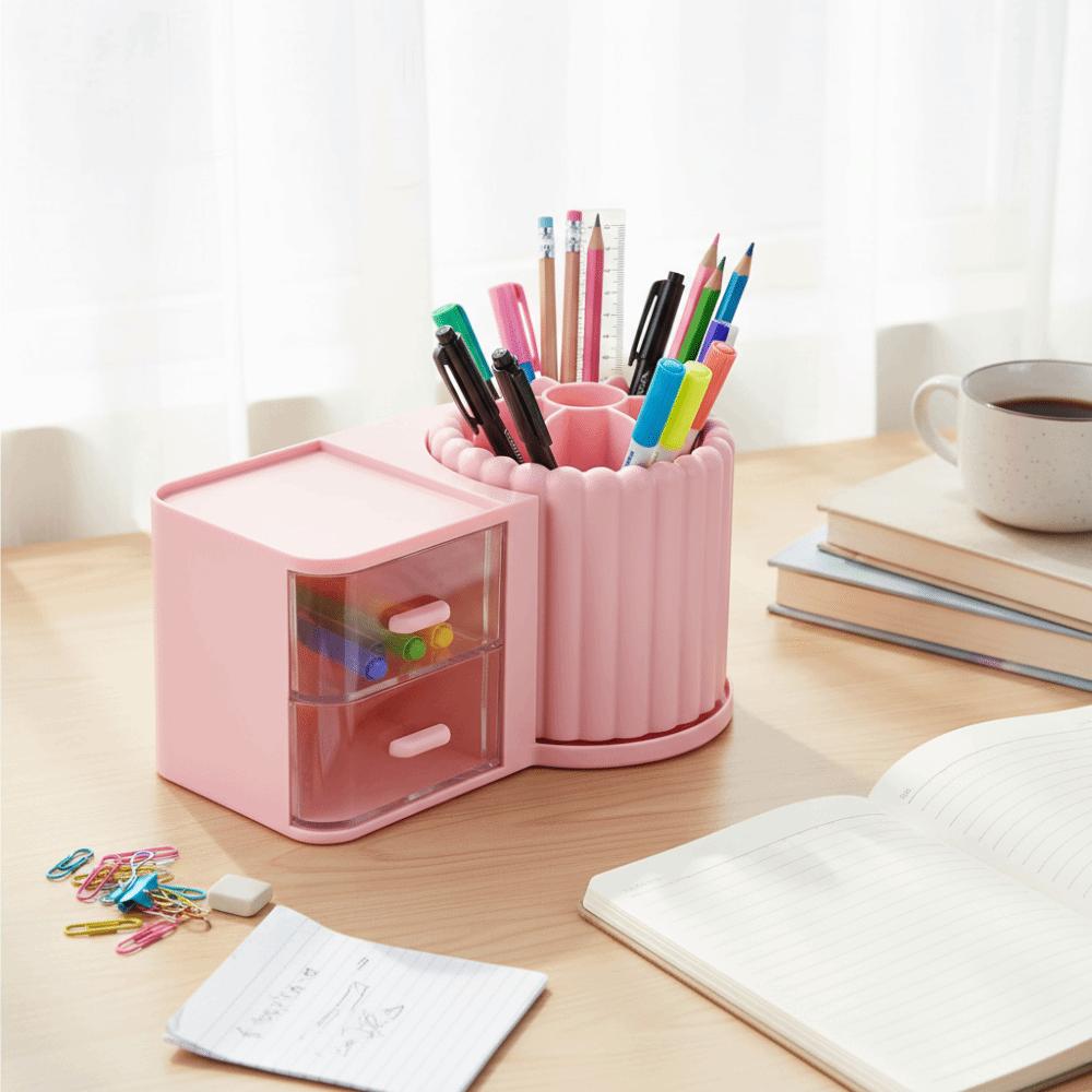 2 Drawers Makeup Brush Holder Large Capacity Desk Organizer Rotating Organizer  Stationery Storage