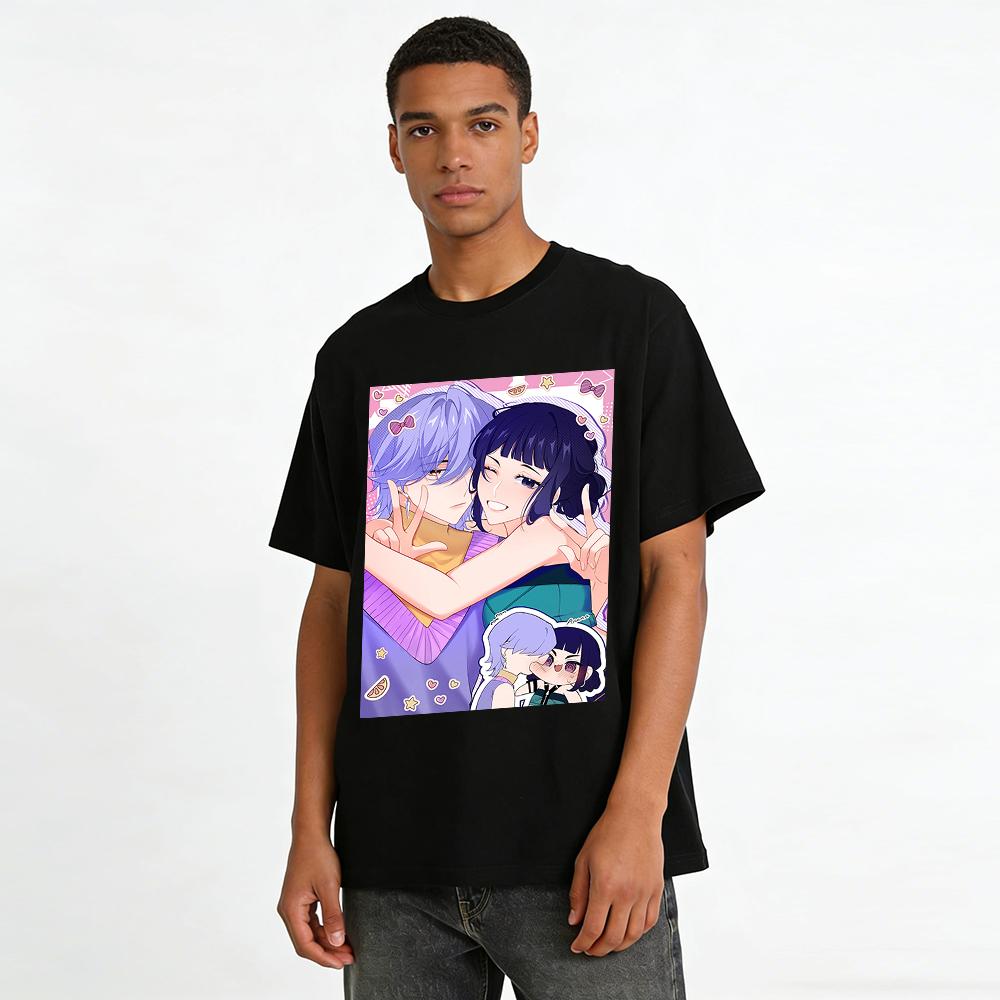 Anime Couple Print T-shirt Casual Loose Fit Unisex Top Trendy Cartoon Style Tees for Daily Wear Pure cotton T-shirt