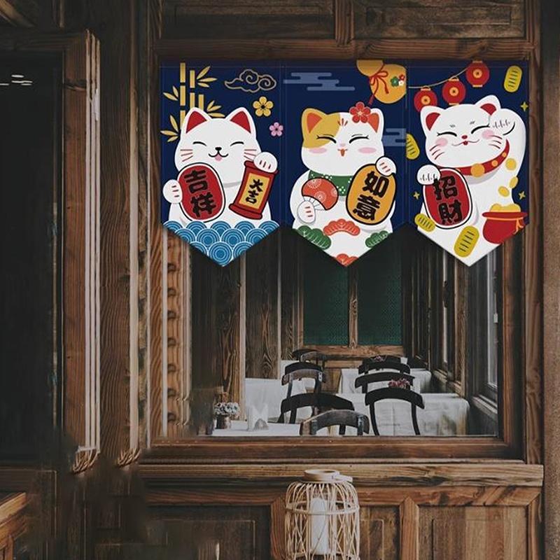 Cartoon Cat Triangle Flag Curtain Noren Partition Flag Kitchen Short Door Curtain Restaurant Kitchen Decoration Hanging Curtain
