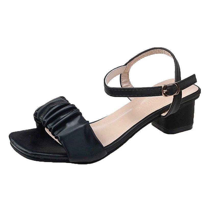 

Thick heel square head slippers women s new fashion wrinkled sandals two wear high heel word sandals 35 чорний