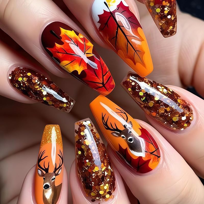 Fall Leaf Press on Nails Thanksgiving Pumpkin False Nails with Design Medium Square Artificial Stick on Nail Glossy Autumn Maple Leaves Acrylic Glue