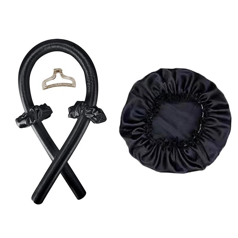 2pcs Heat Free Hair Curler Satin Silk Sleeping Cap Set Headwrap for Natural Curly Hair Long Hair Care Wave Sleeping Curling Tool
