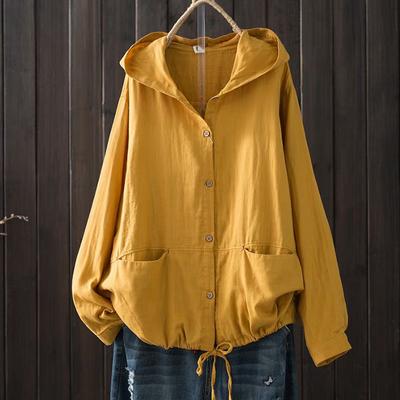 Japanese Korean Solid Color Loose Plus Size Thin Jacket Double-layer Cotton Yarn Hooded Long Sleeved Tied Cardigan Thin Coat Women's Clothing