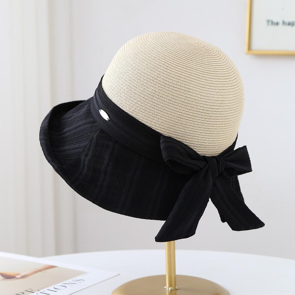 Women's Summer Wide Brim Bucket Hat Bow-Knot Patchwork Fisherman Style Beach Accessory