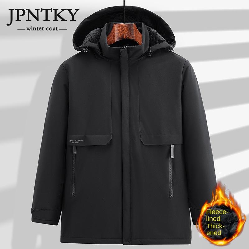 

JPNTKY осенне-зимнее толстое кашемировое пальто для мужчин, свободная ветровка с капюшоном для папы среднего возраста, повседневная теплая куртка большого размера