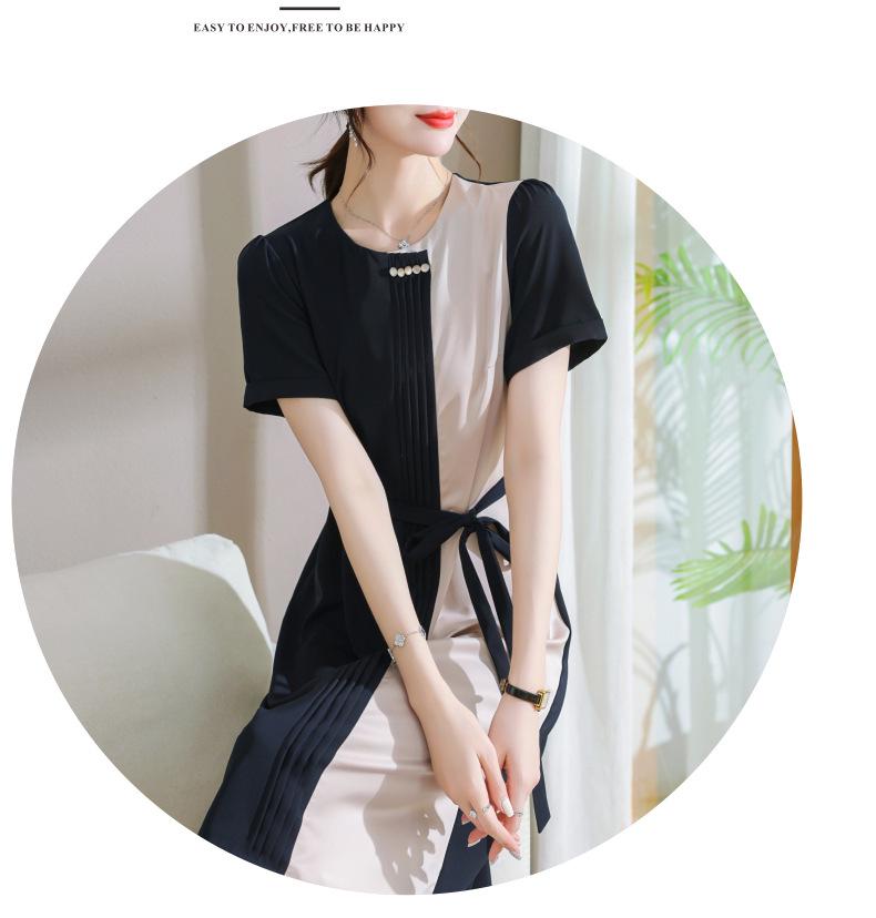 Chic Color-Block High-End Chiffon Midi Dress with Round Neck and Waist-Cinching Design for Women