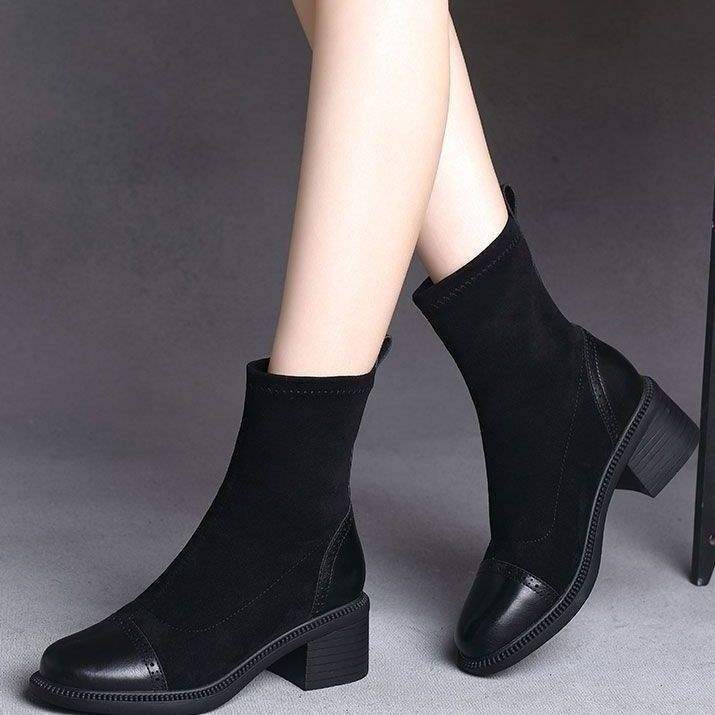 Elastic boots women's 2025 autumn and winter new Korean version versatile outer wear non-slip medium heel thick heel fashion thin boots