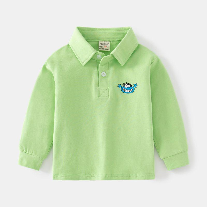 Children's Clothing Spring and Autumn Kids Long Sleeves Polo Shirt Boys' Two-Button Lapel Monster Cartoon Print Baby T-shirt