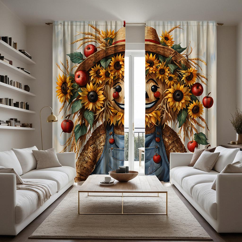 2pcs Set HD Thanksgiving Garland Scarecrow Decorative Curtain Yellow Tie Digital Printed Curtain Home Decor Style Decorative