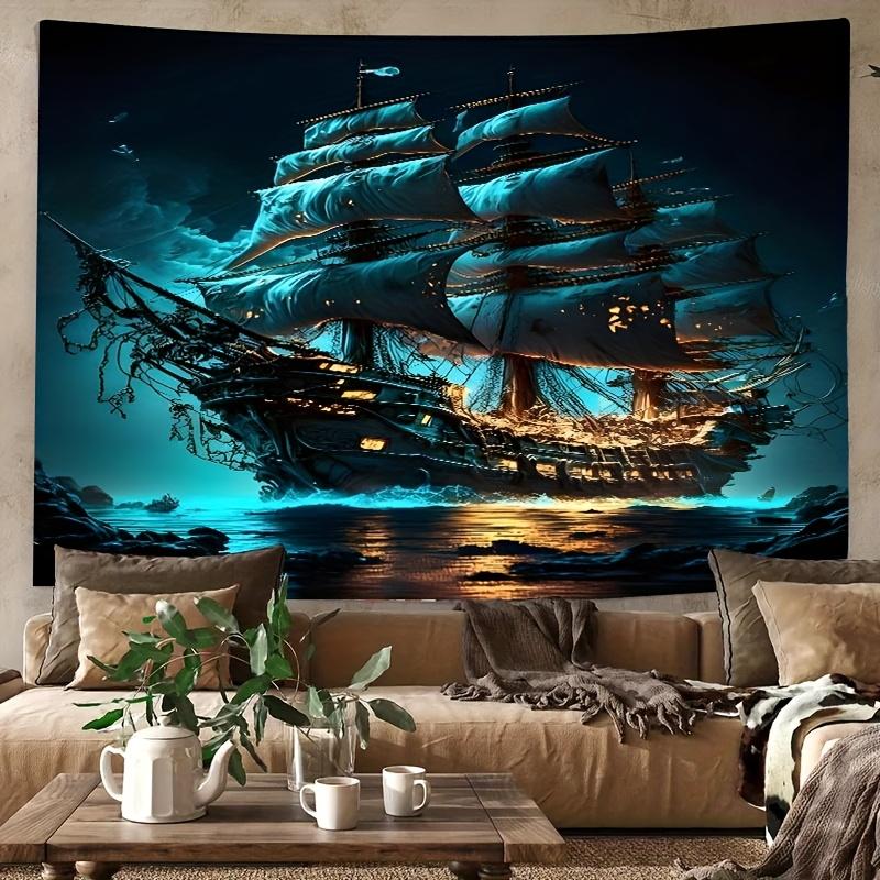 Pirate Ship Ocean Landscape Tapestry Wall Hanging - Navigation Themed Polyester Fiber Fabric