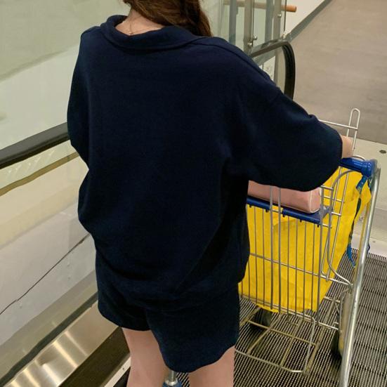 2 Pcs/Set Women Summer Sweatshirt Pants Set Short Sleeve Zippered Turn-down Collar Top Drawstring Elastic Waist Loose Sweatpants Tracksuit Pansuit