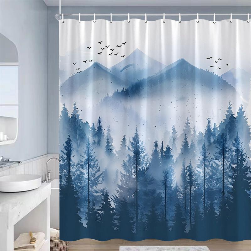 Misty Forest Shower Curtains Pine Trees Mountain Plant Birds Blue Abstract Art Landscape Polyester Fabric Bathroom Curtain Decor