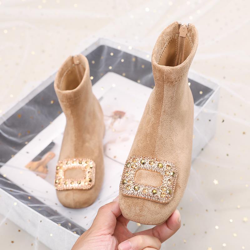 2025 new girls high heels shiny girls square head rhinestone buckle short boots autumn and winter warm temperament suede fashion boots