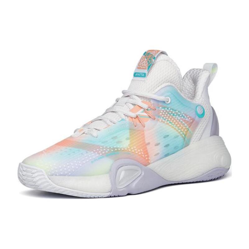 Anta Bubble Bomb Basketball Shoes Men's Low Top Ivory White/Fluorescent Aqua/Light Rainbow Pink Sneakers 112211603Q-5