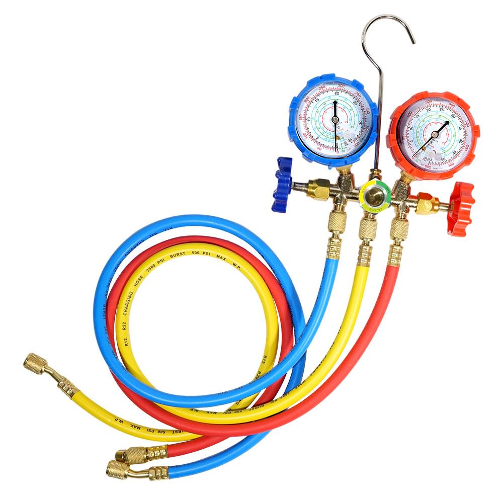 Refrigerant Manifold Gauge Set with Hose Hook for R410A R22 R404A R134A Charging - Professional AC Diagnostic Tool with Hoses