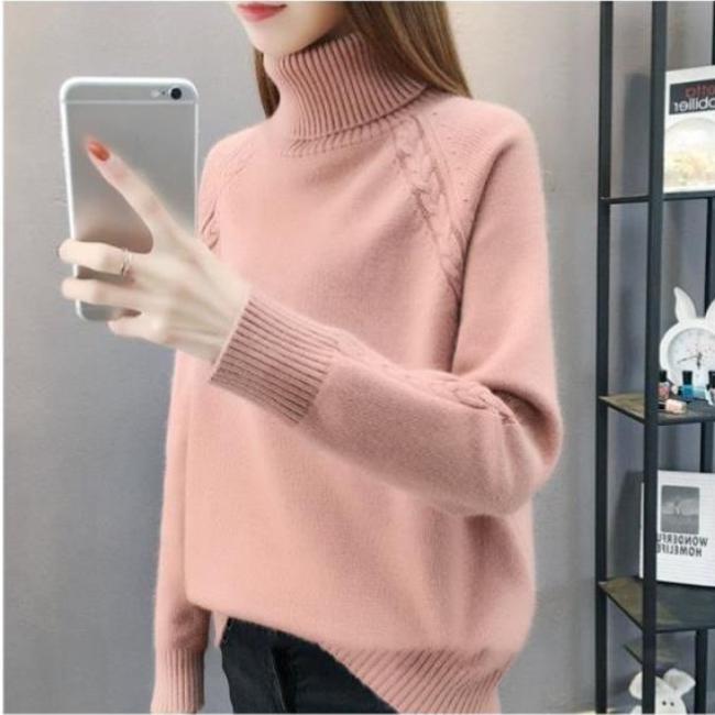 Thickened turtleneck sweater for women autumn and winter short solid color warm pullover versatile long - sleeved fleece loose knitted sweater