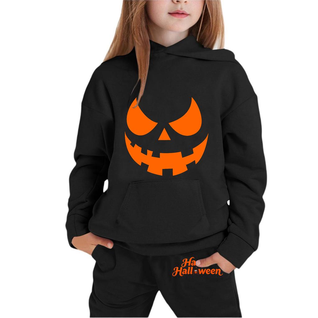 Kids Hoodie and Sweatpants Set with Halloween Print for Holiday Wear