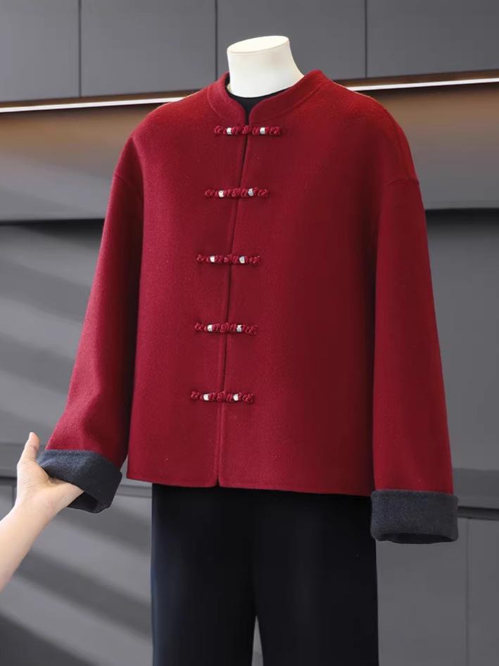 Year of the Rat Red Wool Coat with Cotton Padding, Mid/Elderly Autumn/Winter Little Xiang Style