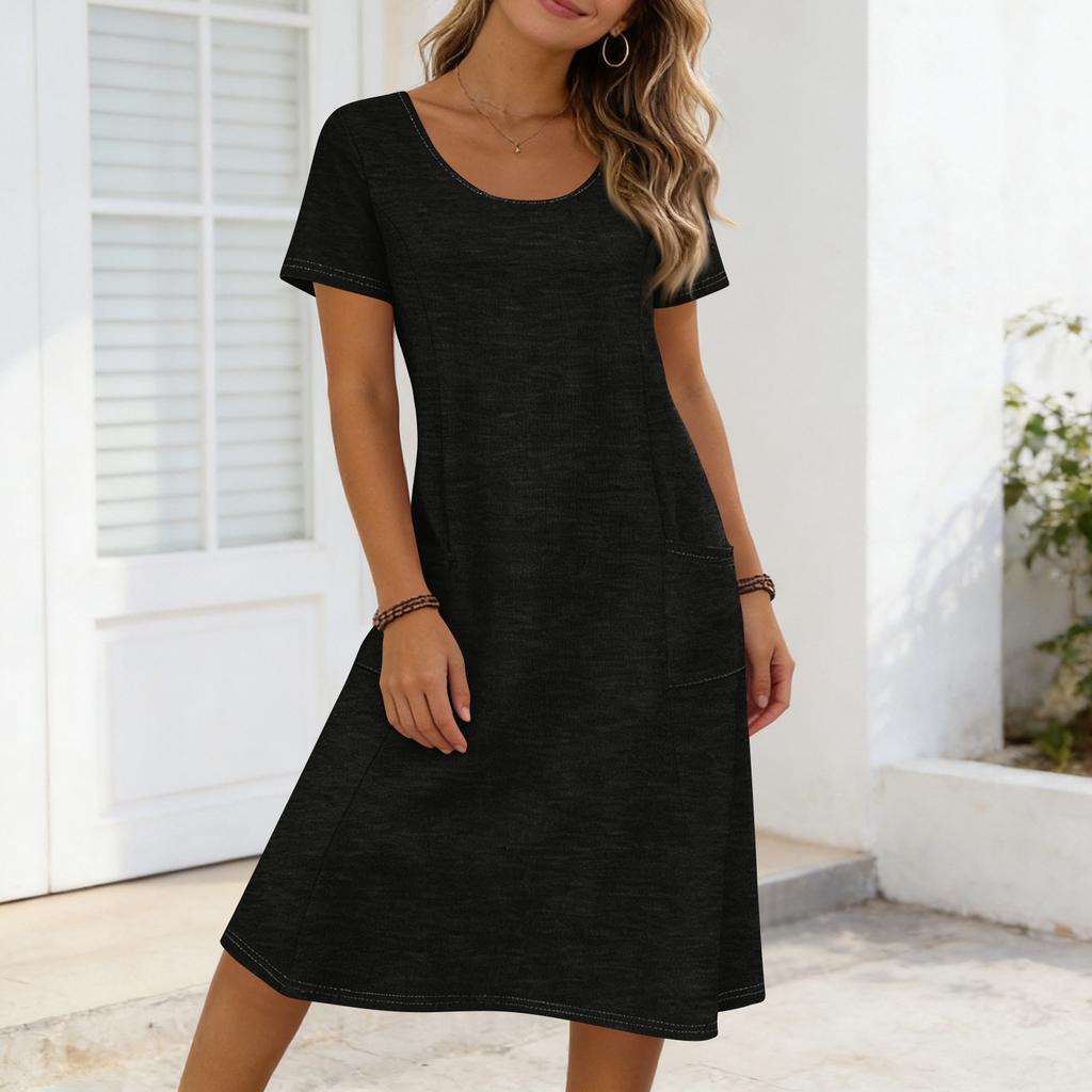 Women Casual Loose Fit Crew Neck Short Sleeve Midi Dress with Pockets Soft Fabric Comfortable Everyday Wear Suitable for Various Occasions