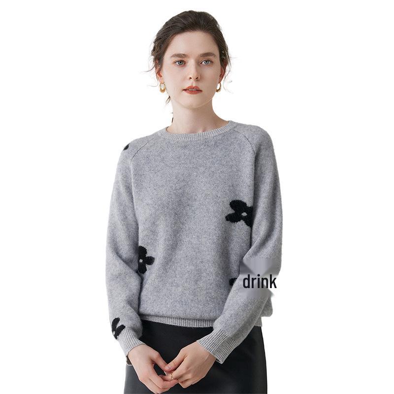 Lekasha Women's Embroidered Cashmere Knit Sweater - Warm, Versatile, Round Neck, Long Sleeve for Autumn/Winter