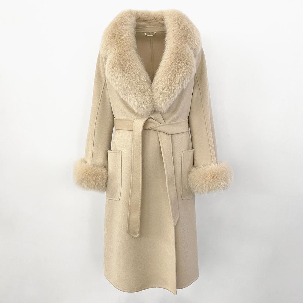 MENINA New  Autumn Winter Fashion 100% Wool Water-Corrugated Woolen Coat with Detachable Fox Fur Collar Women Daily Casual Wear