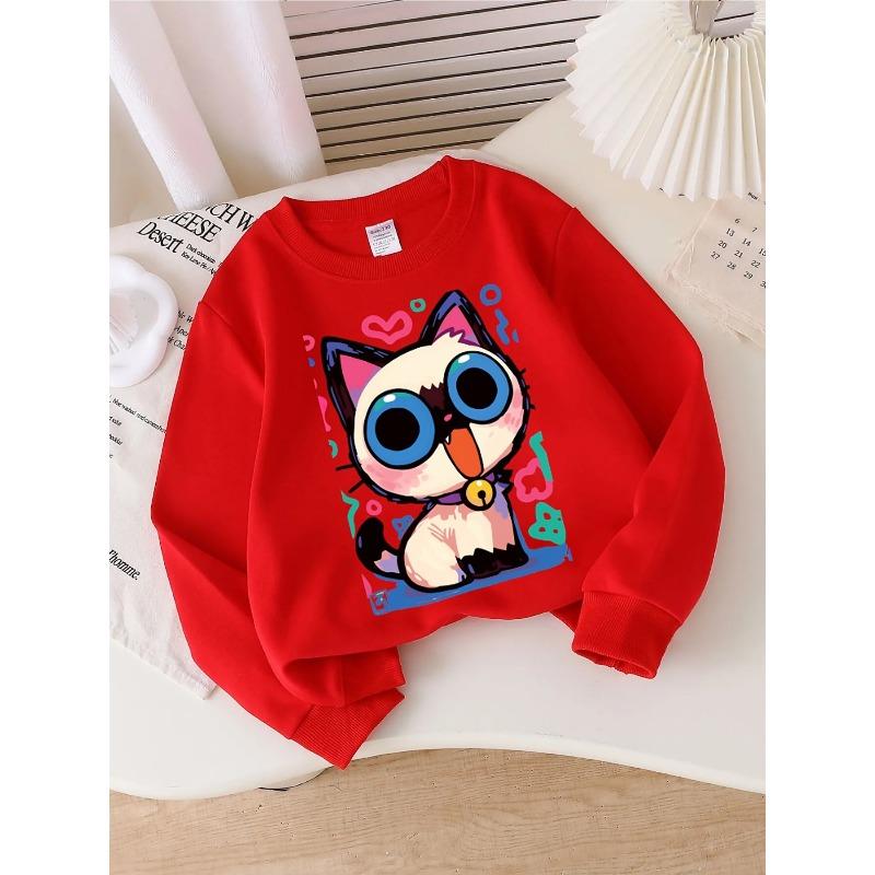 Unisex Crewneck Sweatshirt - Colorful Cat with Big Eyes And Bell Machine Washable, Spring And Autumn, Sportswear And Casual Wear, Soft And Comfortable