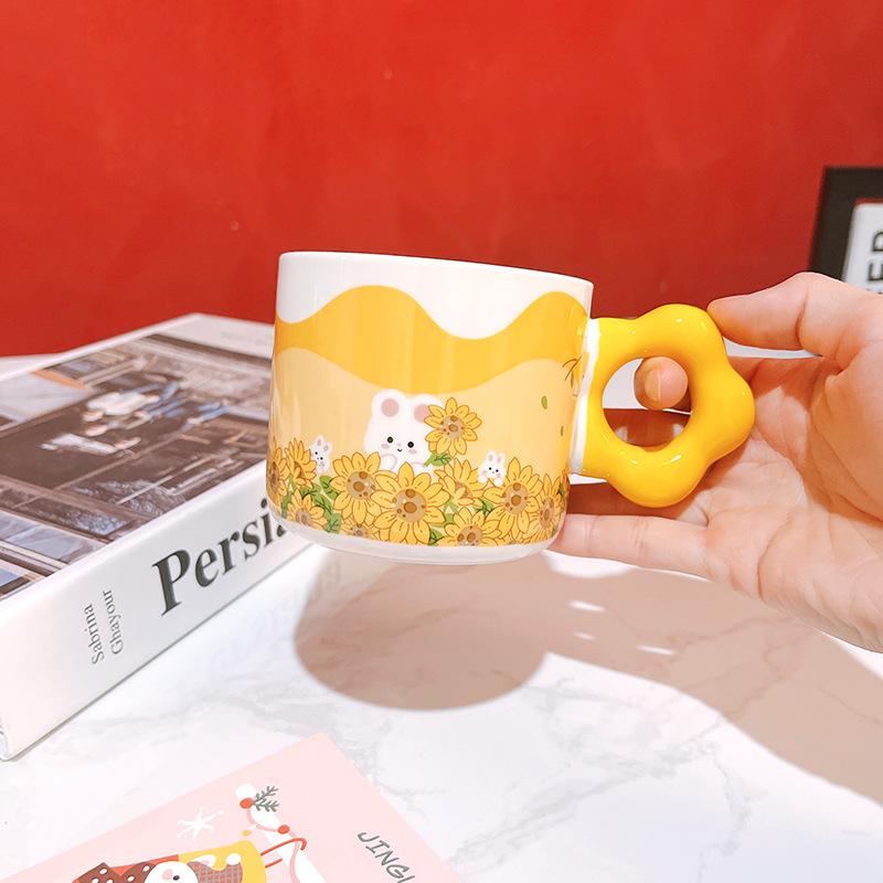 Cute Creative Rabbit Spring Outing Water Cup Drawing Handle Cartoon Ceramic Cup Mug