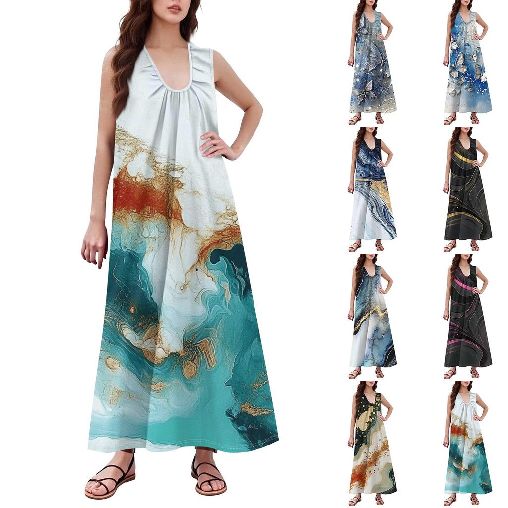 Mote Dame Casual A-linje Retro Trykket Hammerfølelse Løstsittende Langt Skjørt med Lommer