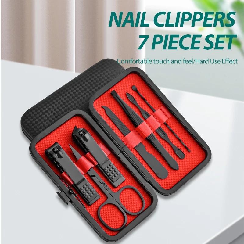 Unisex Mini Compact Gift Eyebrow Clip Tweezers Home Nail Clipper Black Red 7piece Set Large Opening Manicure Tool