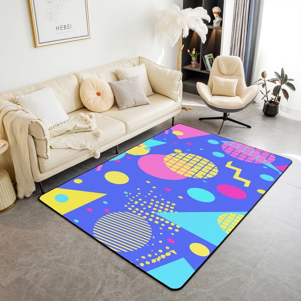 Retro Memphis Style Geometric Print Area Rug, 80s Neon Colorful Non-Slip Floor Mat for Living Room Bedroom Home Decor Carpet