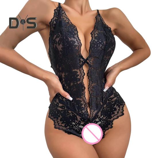 Sexy Dámské Body Průhledná vyhloubená krajka Mašlička Otevřený rozkrok Bez rukávů Sknny Nízký výstřih křížem na zádech nastavitelný popruh na špagety Svatba na líbánky